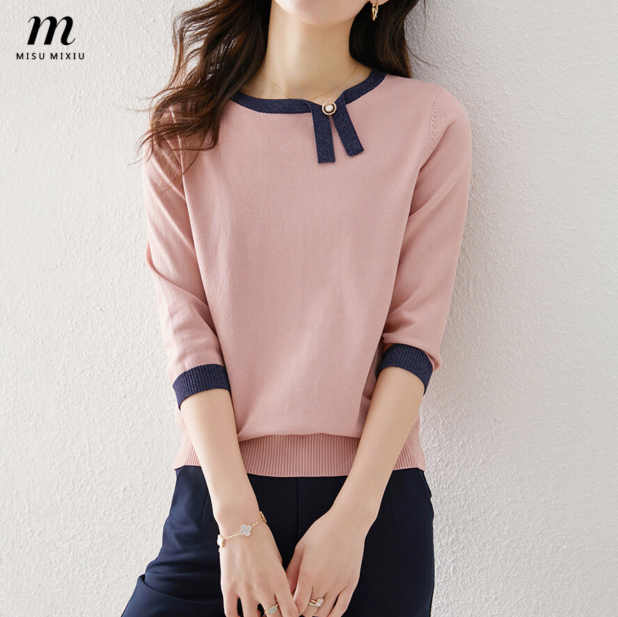 MISUMIXIU 3 Colors 2021 Spring New Korean Style Sweater for Women 3/4 Sleeve Elegant Fashion Temperament Knitting Tops Lady