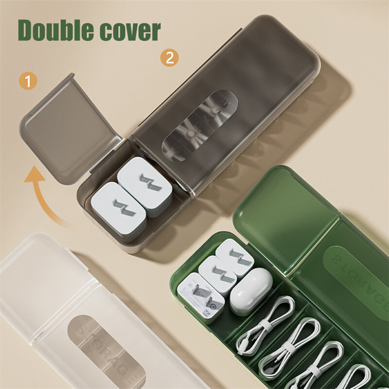 Data Cable Storage Box Cable Charger Organizer with 7 Compartments Container Case Electronic Accessories for Desk Drawer Cord Storage Organizer