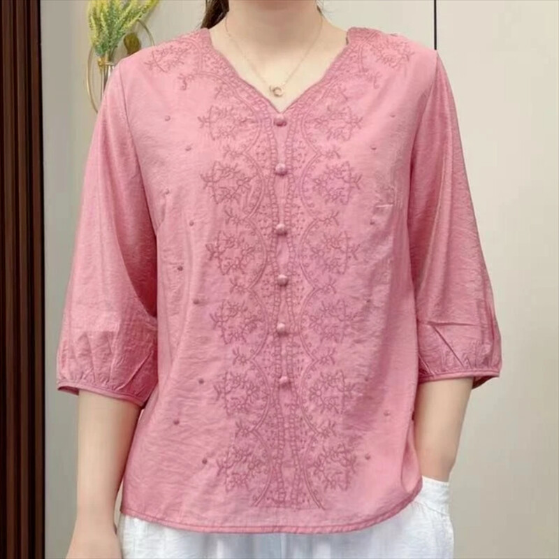 LUCKIN STORE Cotton and linen Top for Women Summer Women's Retro Embroidery Cotton Linen V-Neck Women's Large Loose Top
