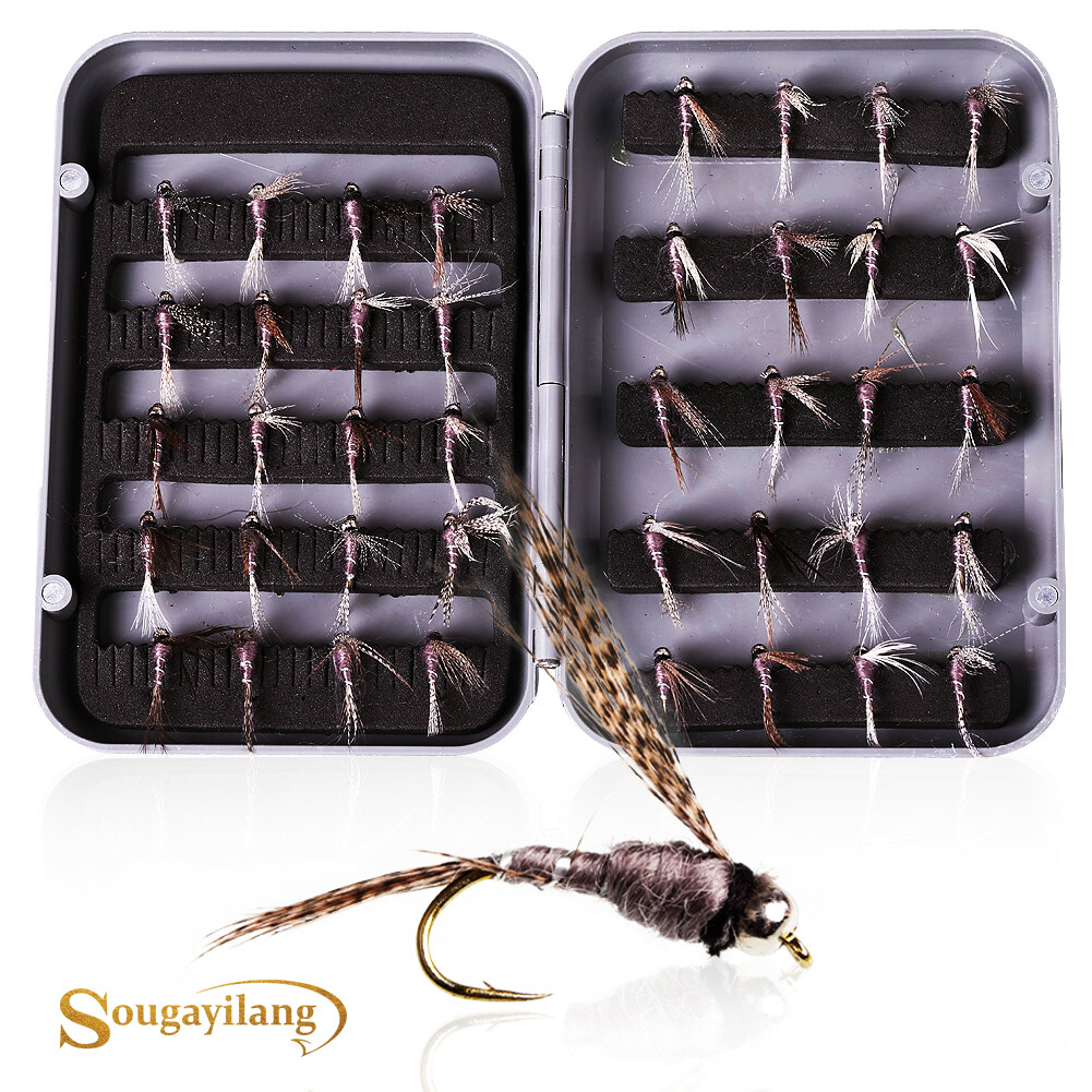 Sougayilang Fishing Baits 40 Pcs Set Fly Fishing Lures Trout Dry Wet Flies Bait Set Kit Sinking Hooks with Box Case Insects Winter Tackles Fishing Tackle