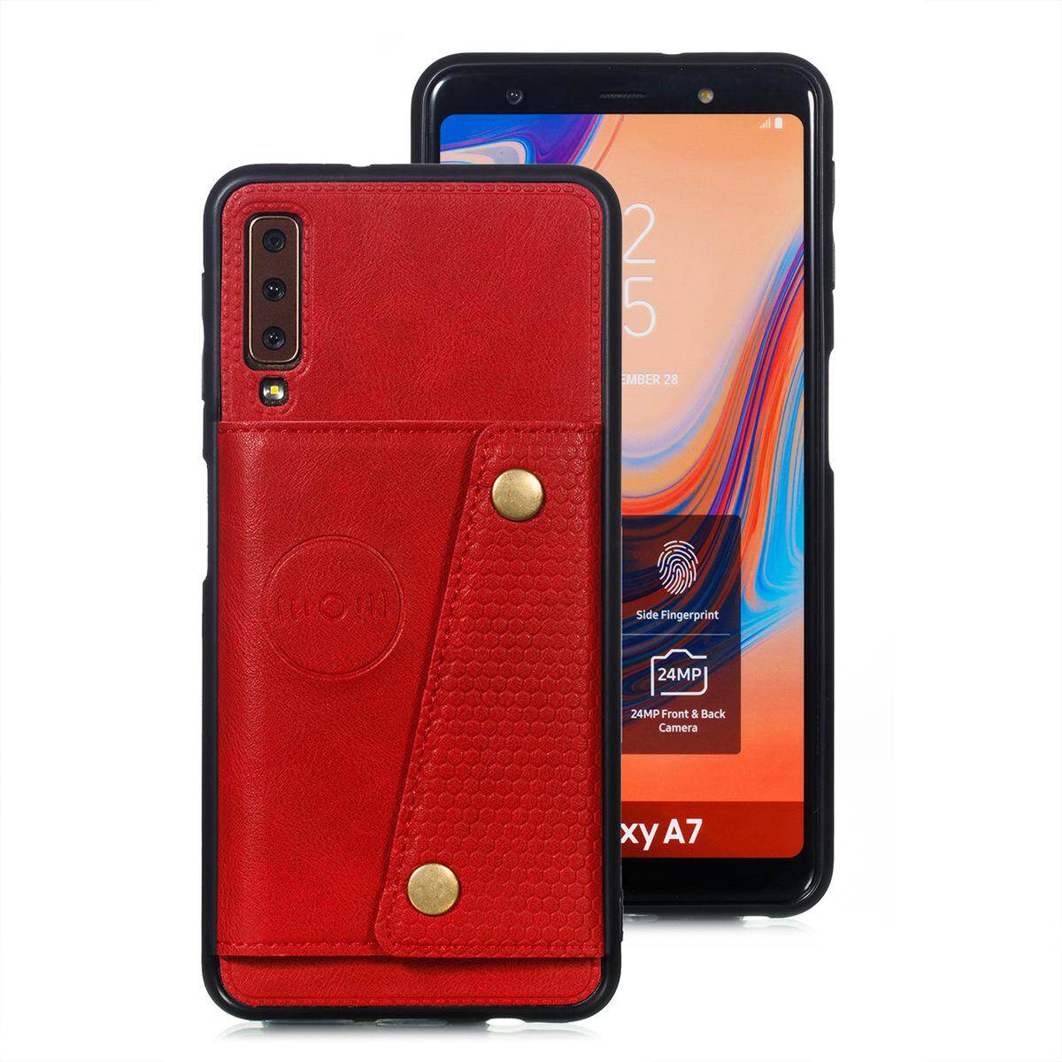 Cho Samsung A7 2018 A750 da trường hợp nhiều Folio lật Bìa Wallet trở lại trường hợp vỏ, có thể làm việc với gắn trên xe hơi, ẩn thẻ tín dụng ID khe giữ, retro nút kim loại clasp, đứng hỗ trợ