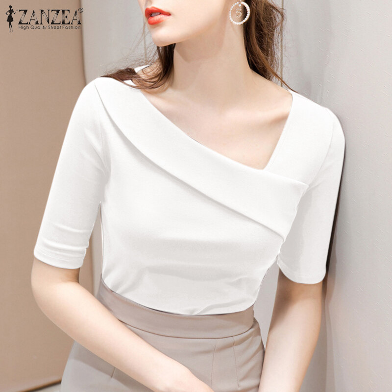 Celmia Zanzea Korean Style Women Summer Short Sleeve Slanted Collar Top Slims Shirt Party Club 7837