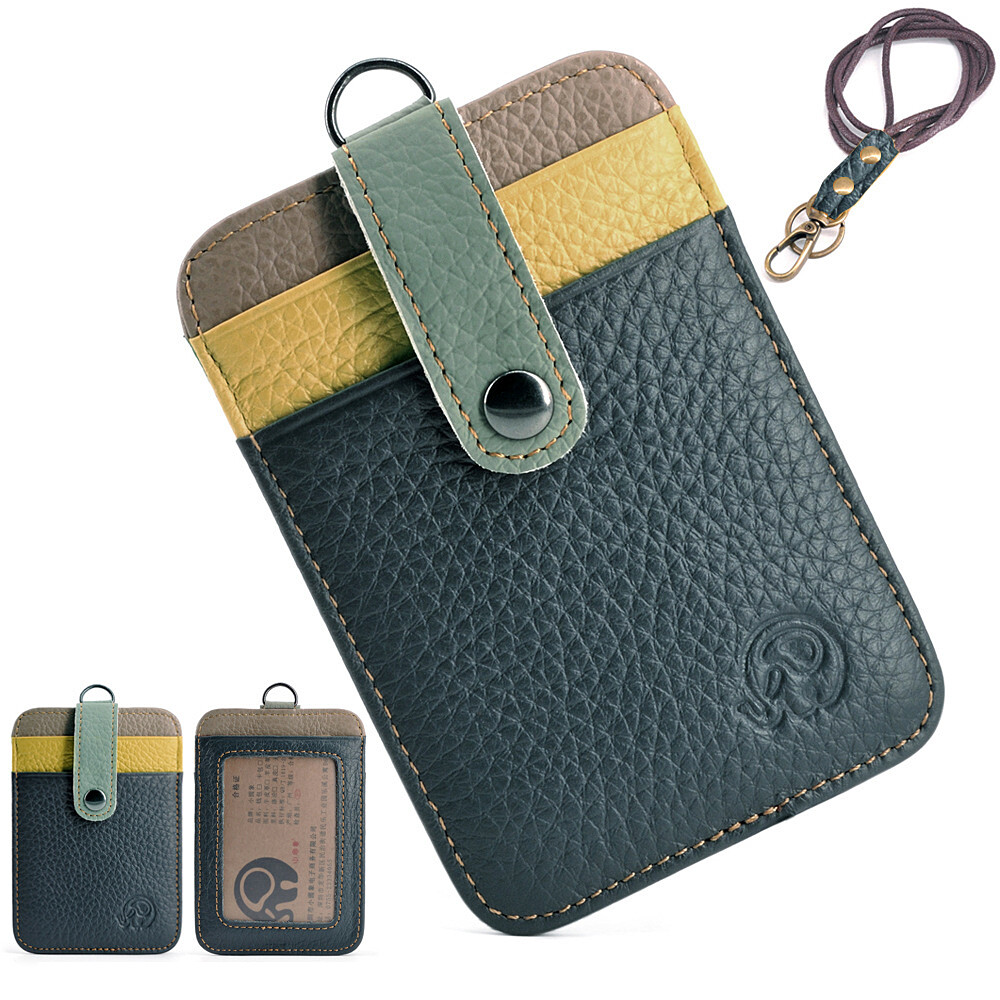 Genuine Leather ID Badge Holder ins Bus Subway Access Card Cases with Lanyard Stylish Contrast Women and Men Staff Office Worker School Student Supplies