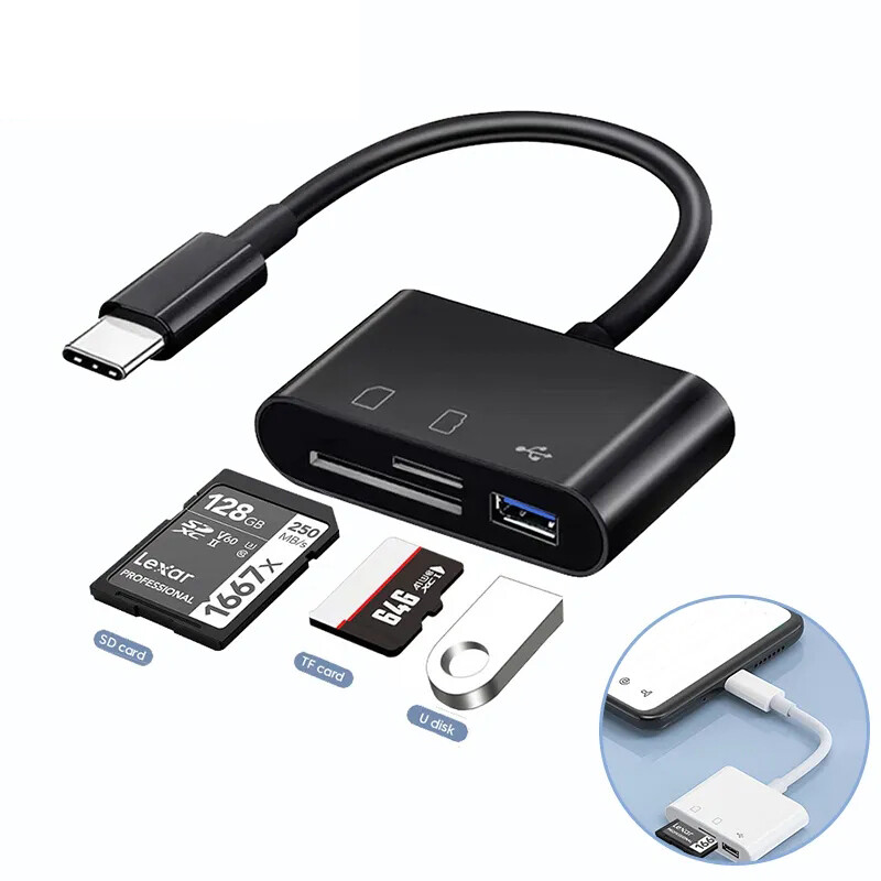 3 trong 1 đầu đọc thẻ Type-C Bộ chuyển đổi OTG USB Mini SD/Đầu đọc thẻ TF Đầu Đọc Thẻ cho Iphone Android Loại C Cáp truyền dữ liệu bền