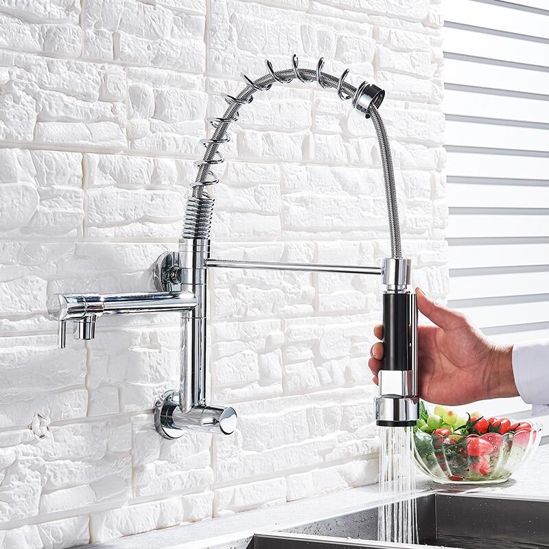 Spring Black Kitchen Faucet Pull Down Chrome Single Cold Wall Mounted Kitchen Taps Dual Function Sprayer Taps
