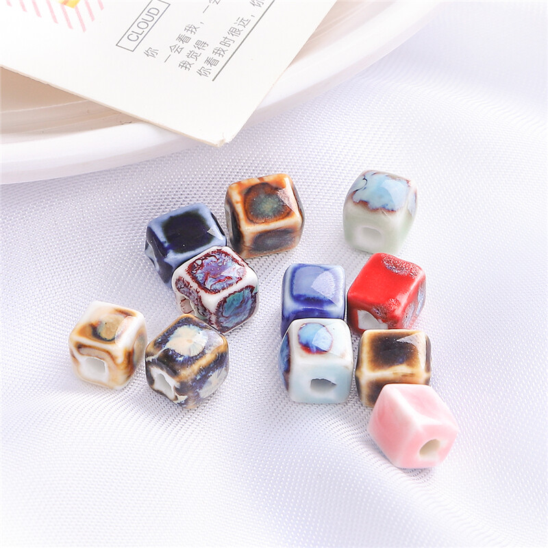 10pcs/Bag 7mm High Quality Unique Delicate Handmade Chinese Ceramic Porcelain Geometry Square Shape Beads Charm for Earring Necklace Bracelet DIY Jewerlry Craft Making Accessories