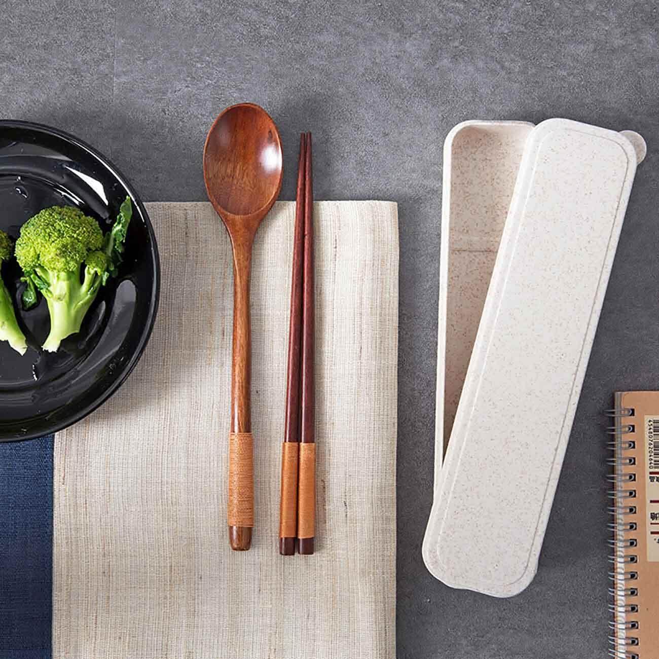 Homenhome Gỗ Bộ 3 Thìa Ăn Uống (1 Chiếc Thìa + 1 Đôi Đũa + 1 Cái Chén Ăn Hộp)