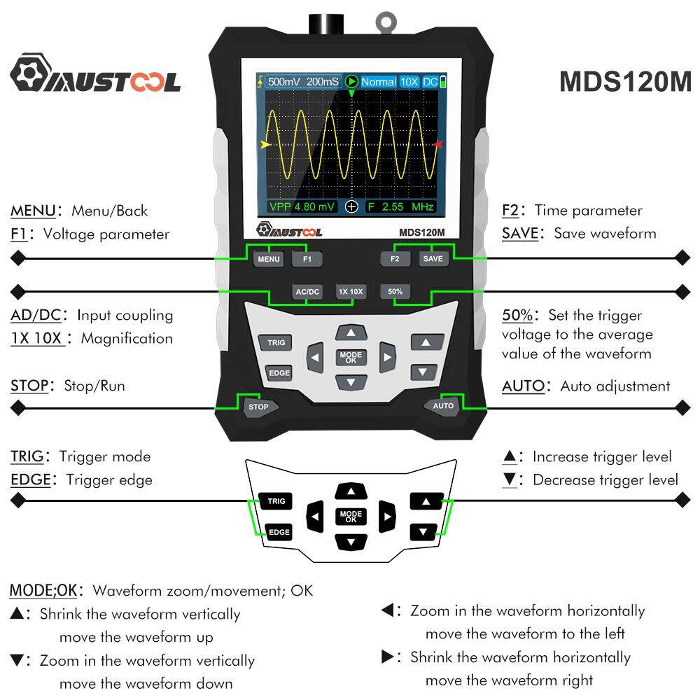 MUSTOOL MDS120M Professionalออสซิลโลสโคปแบบดิจิตอล120MHzแบนด์วิดท์แบบอะ