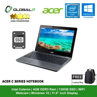 (Refurbished Notebook) Acer C Series Laptop / 11.6" inch Display / Intel Celeron / 120GB SSD / 4GB DDR3 Ram / WiFi / Windows 10 / Webcam