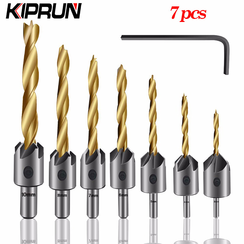 [Ready stock] KIPRUN 7Pcs  Flute Countersink Drills Bits countersunk head drilling Bit Set 3 Tips Woodworking drill 34567810mm