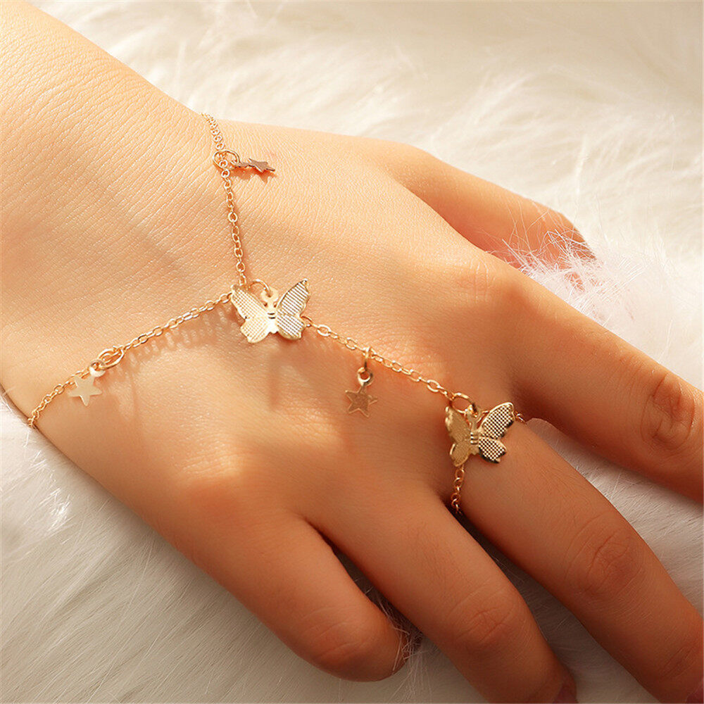 【PrettySet】Boho Gold Star Butterfly Bracelet Women Fashion Tassel Ring Bracelet Female Jewelry Simple Word Buckle Chain Adjustable Cute Bracelet Gift Fashion Women Insect Jewelry