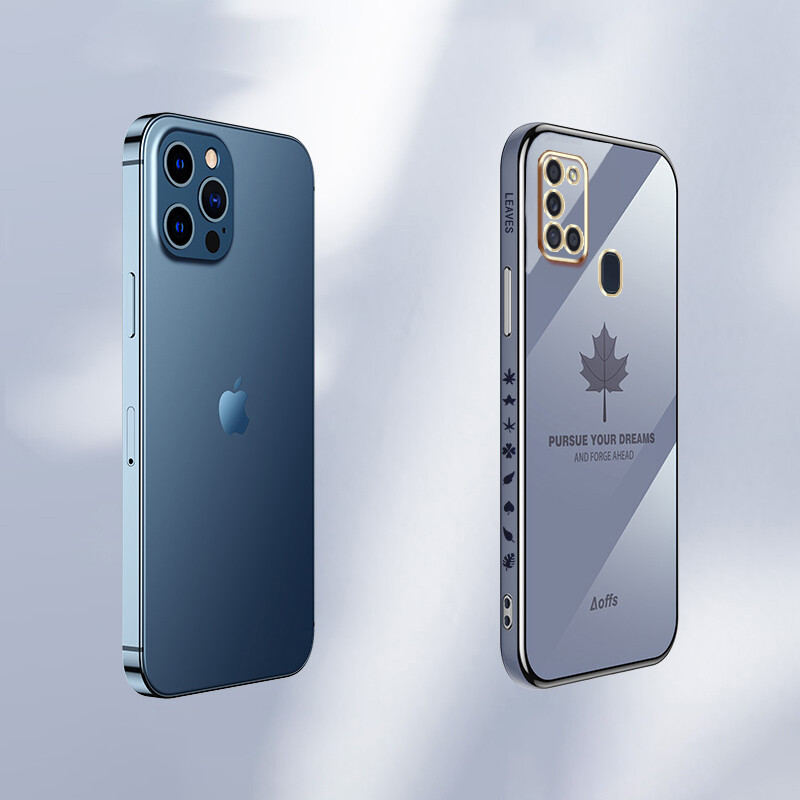 YBD Straight Edge Plating Phone case For Samsung Galaxy A21S casing,Precise Camera Protection case Maple leaf pattern cover with Free lanyard