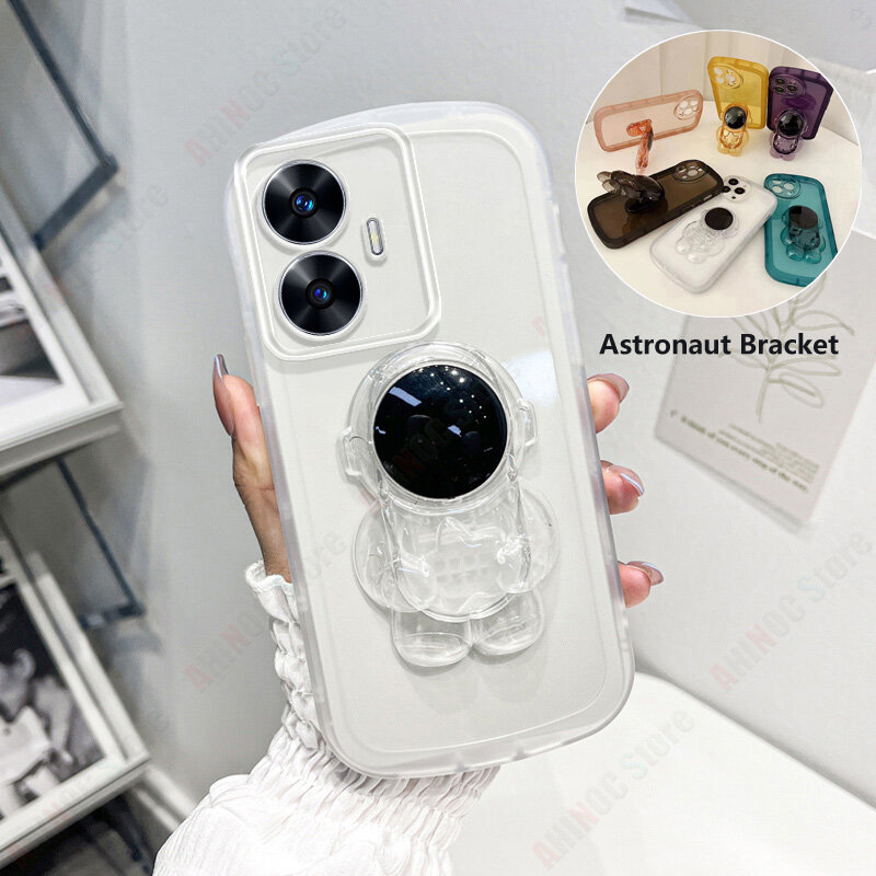 For Realme C55 Phone Case With Astronaut Bracket Soft Transparent Stand Casing Candy Color Camera Protection Back Cover