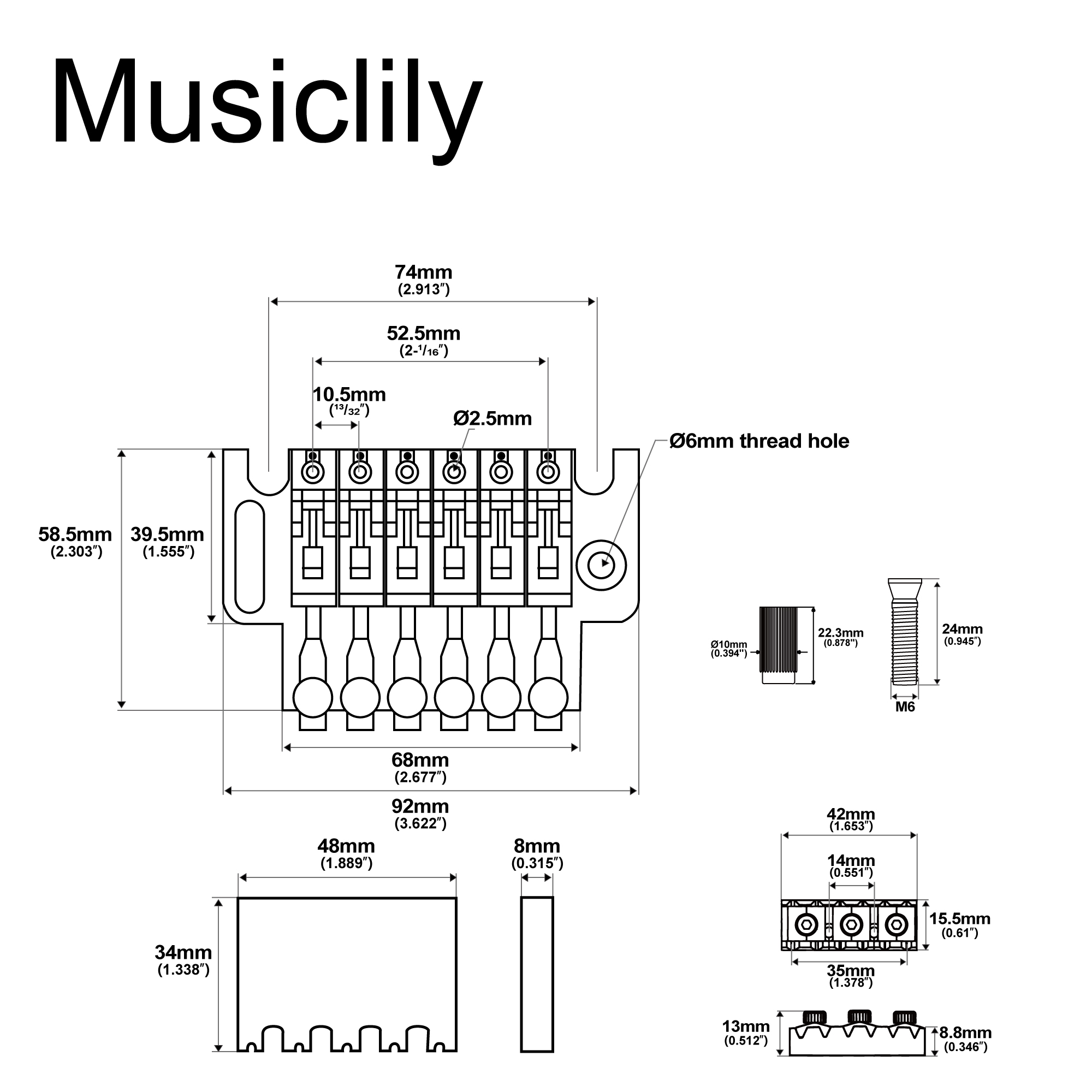 Musiclily 52.5mm(2-1/16 inch) dây khoảng cách khóa đôi ngựa đàn Tremolo cho guitar điện
