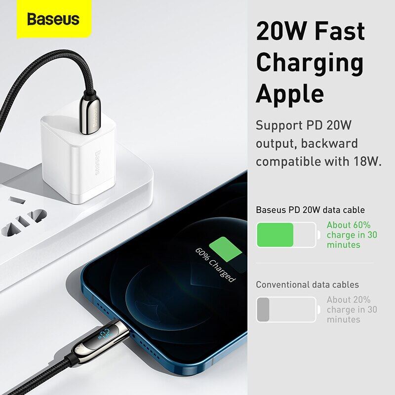 Baseus Cáp Sạc Pd 20W Usb C Cho Iphone 14 13 Pro Max Cáp Sạc Nhanh Cáp Type C Cho Iphone X 8 Cáp Dữ Liệu Màn Hình Led