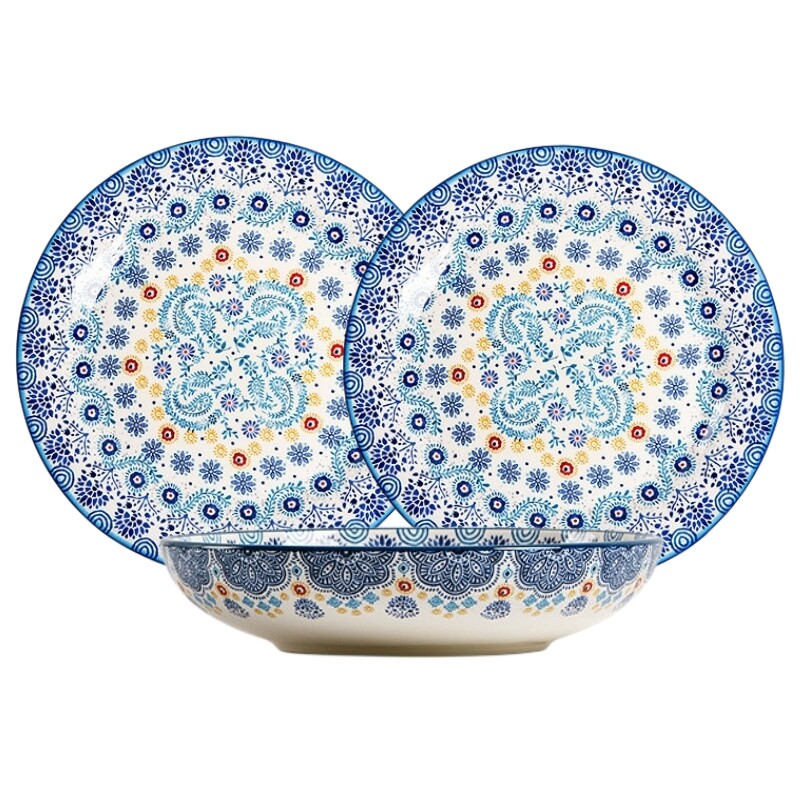 Omk 3pcs set blue talavera series ceramic dinner plate set 8.8 inch plate 2pcs + 8.8 inch deep plate 1pc