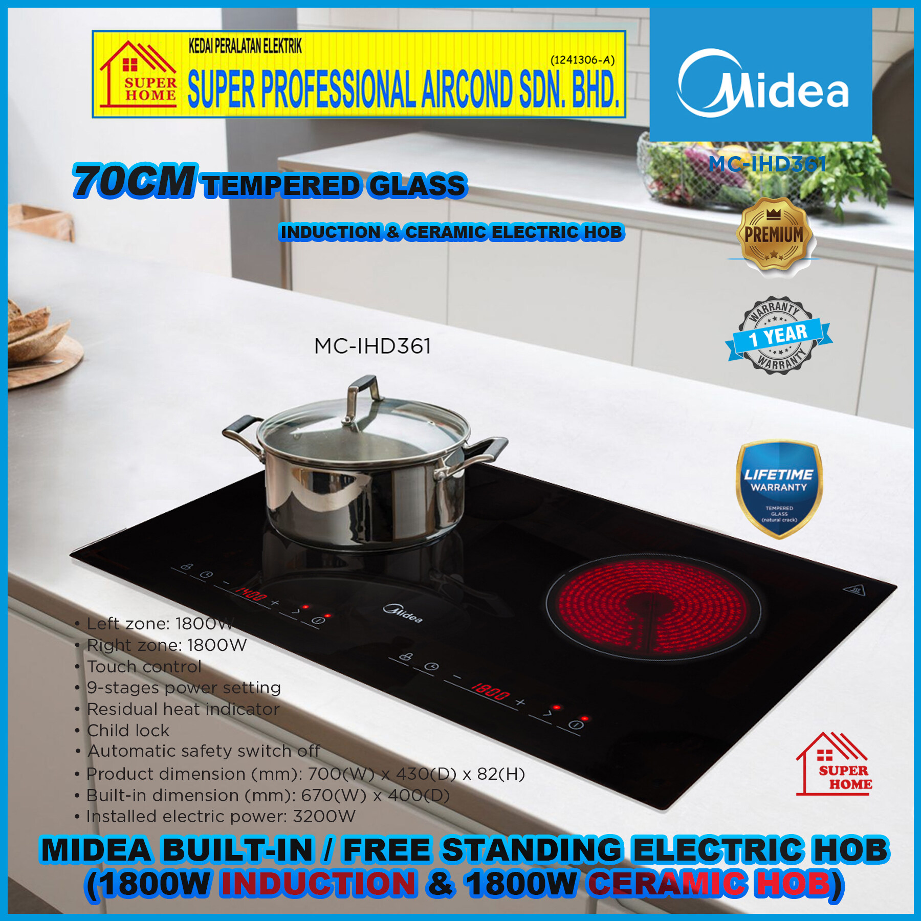 Midea 70cm Tempered Glass Electrical Hob Mc Ihd361 Built In Free