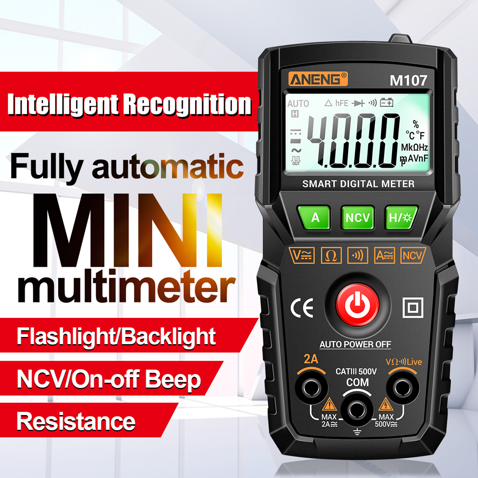 KKmoon ANENG Đồng Hồ Vạn Năng Kỹ Thuật Số Thông Minh M107 Đồng Hồ Vạn Năng NCV 4000 Số Đếm Máy Kiểm Tra Đa Năng Cầm Tay Vôn Kế Ampe Kế Có Đèn Nền Đèn Pin Đo Điện Áp & Điện Trở Dòng Điện AC/DC Phát Hiện Dây Lửa Bằng Không