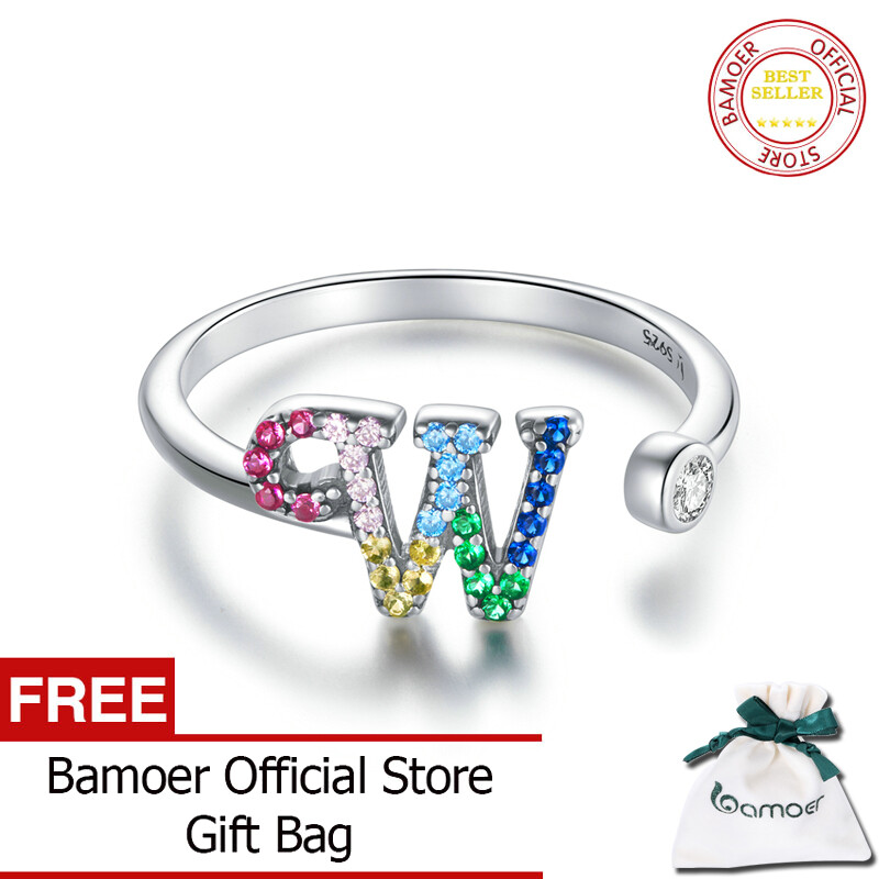 BAMOER 925 Sterling Silver Stackable Initial Letter Rings for Women Capital Letter Adjustable Ring Size 6-8 Jewelry SCR723