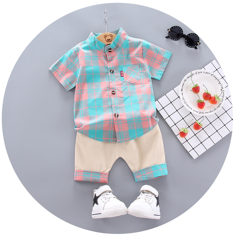 0-5 years old boys cotton children's clothing Korean stand-up collar plaid short-sleeved shirt collocation pants 2-piece set