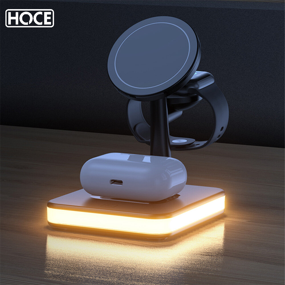 Hoce 15w 4 in 1 magnetic wireless chager for magsafe iphone 12 13 14 15 pro iwatch airpods pro 2 magnetic fast charging station dock stand led touch light charger stand on desk