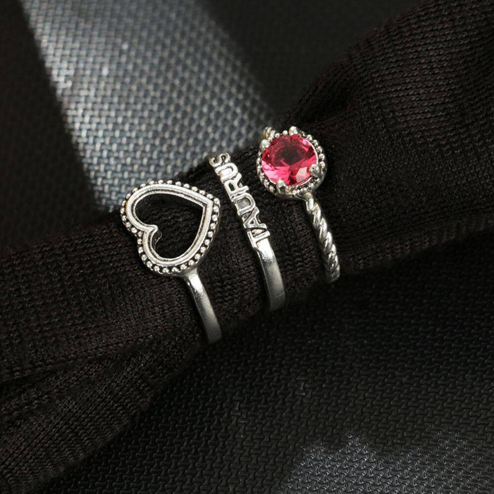 Gift Knuckle Ring Letter Taurus Red Crystal Rhinestone Ring Set Love Heart