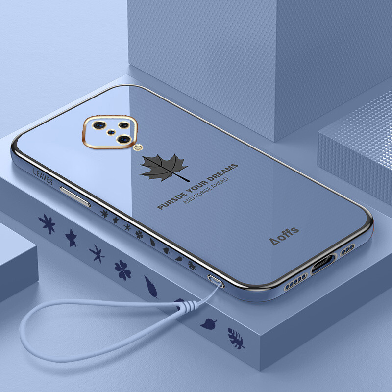 YBD Ốp Điện Thoại Mạ Cạnh Thẳng Cho Vivo S1 Pro Ốp Bảo Vệ Máy Ảnh Chính Xác Ốp Họa Tiết Lá Phong Có Dây Buộc Miễn Phí