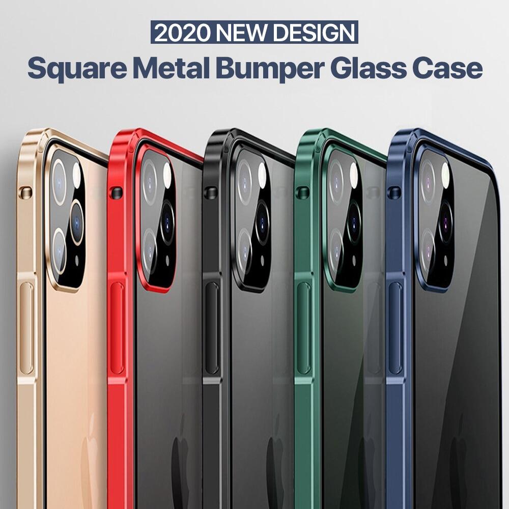 Luxury Square Metal Aluminumm bumper Case For iPhone 15 pro max 14 pro max 13 pro max 11 12 pro max 14 15 plus xs max 7 8 plus Transparent Tempered Glass Camera Protection Phone Back Cover