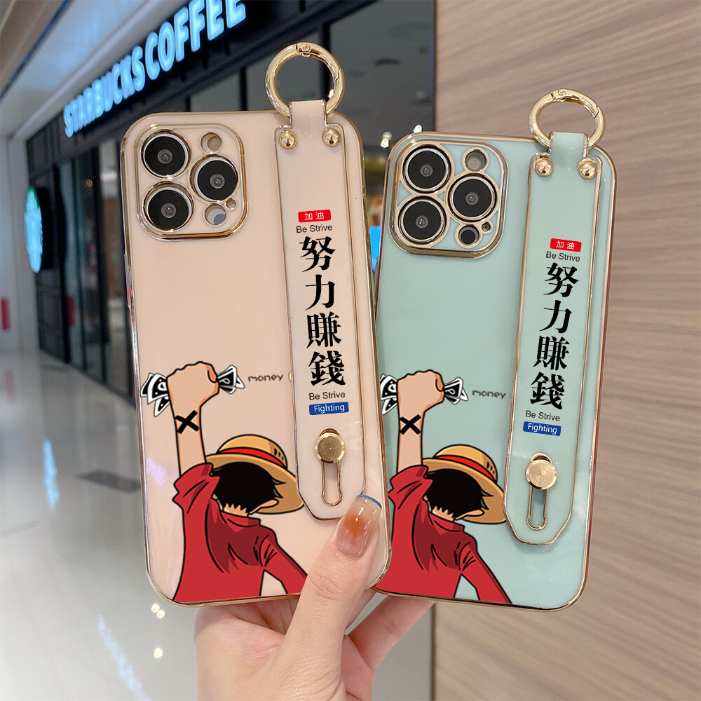 (With Wristband) Hontinga Casing Case For iphone 11 Pro Max 12 Mini 12 Pro Max 13 Mini 13 Pro Max Case Anime Luffy Luxury Chrome Plated Soft TPU Square Phone Case Full Cover Camera Protection Anti Gores Rubber Cases For Girls