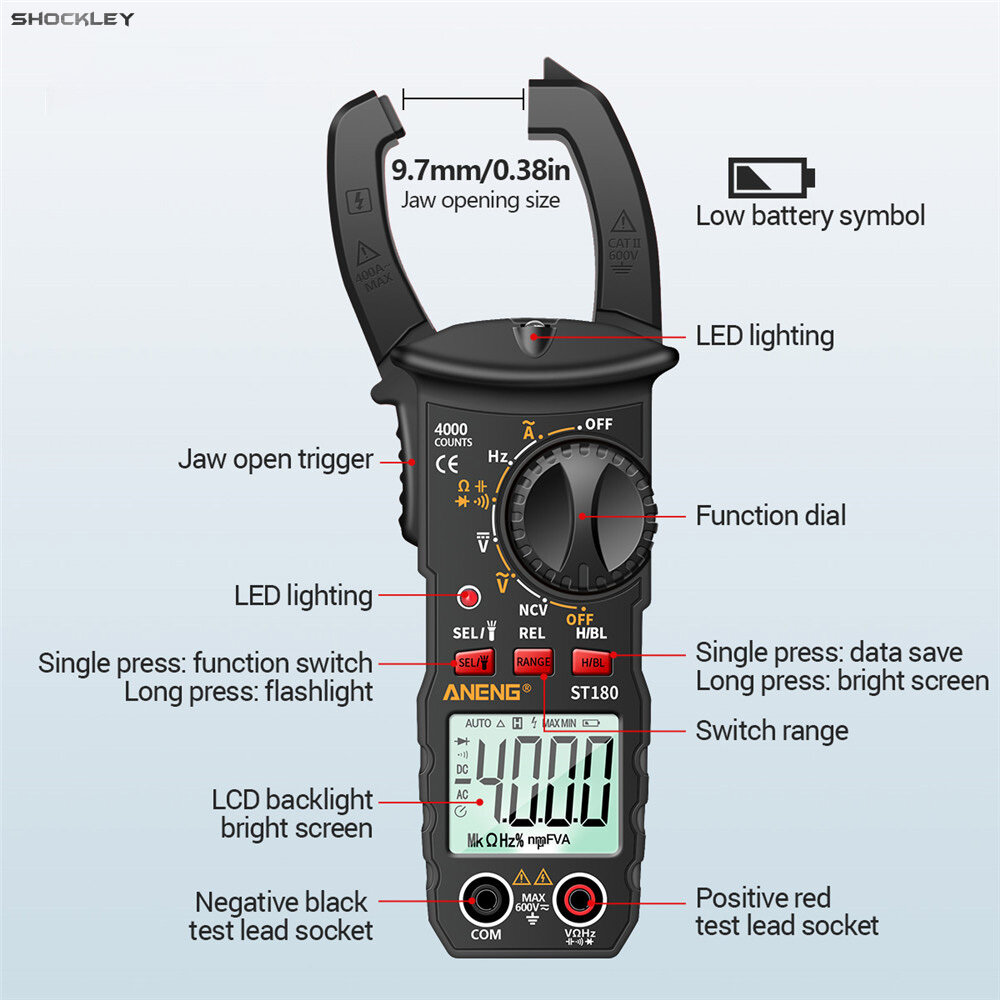 Shockley Digital Clamp Meter Multimeter Tester 4000 Counts Amp Ohm Volt Meter Measures AC Current AC/DC Voltage Capacitance Resistance