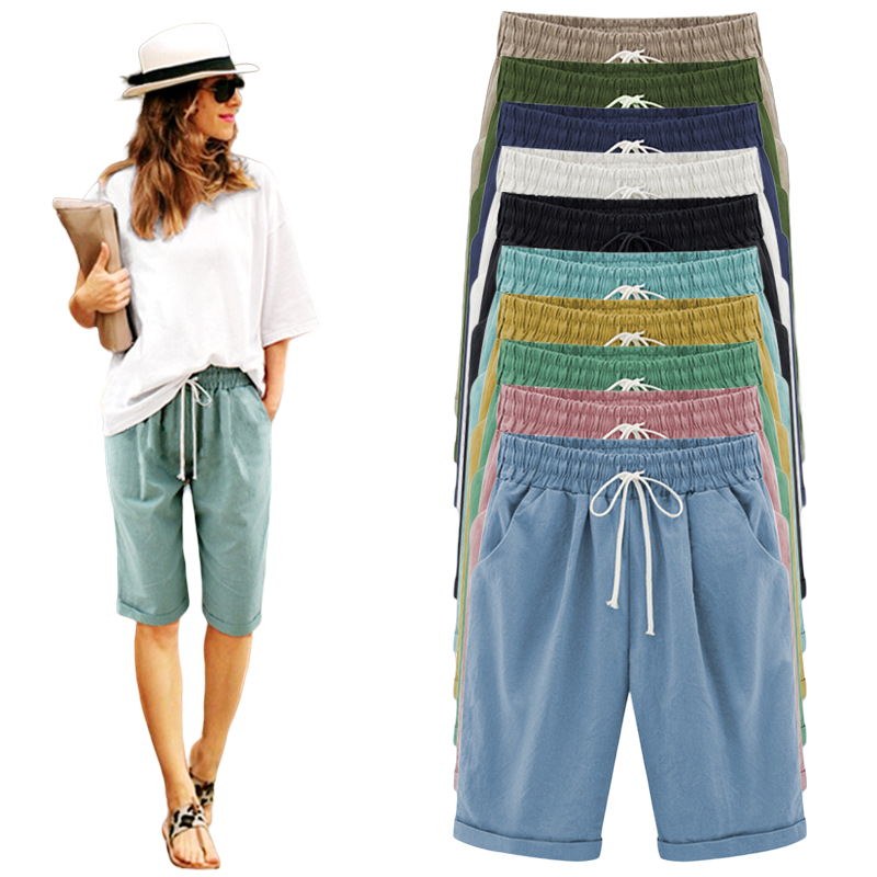 Summer M-8XL Cotton Five-Point Pants Women Plus Size Thin Casual Pants Women's Loose Large Size Solid Color Shorts Ladies Outdoor Beach Pocket Mid-pants European American Style Home Wear Office Work Five-Point