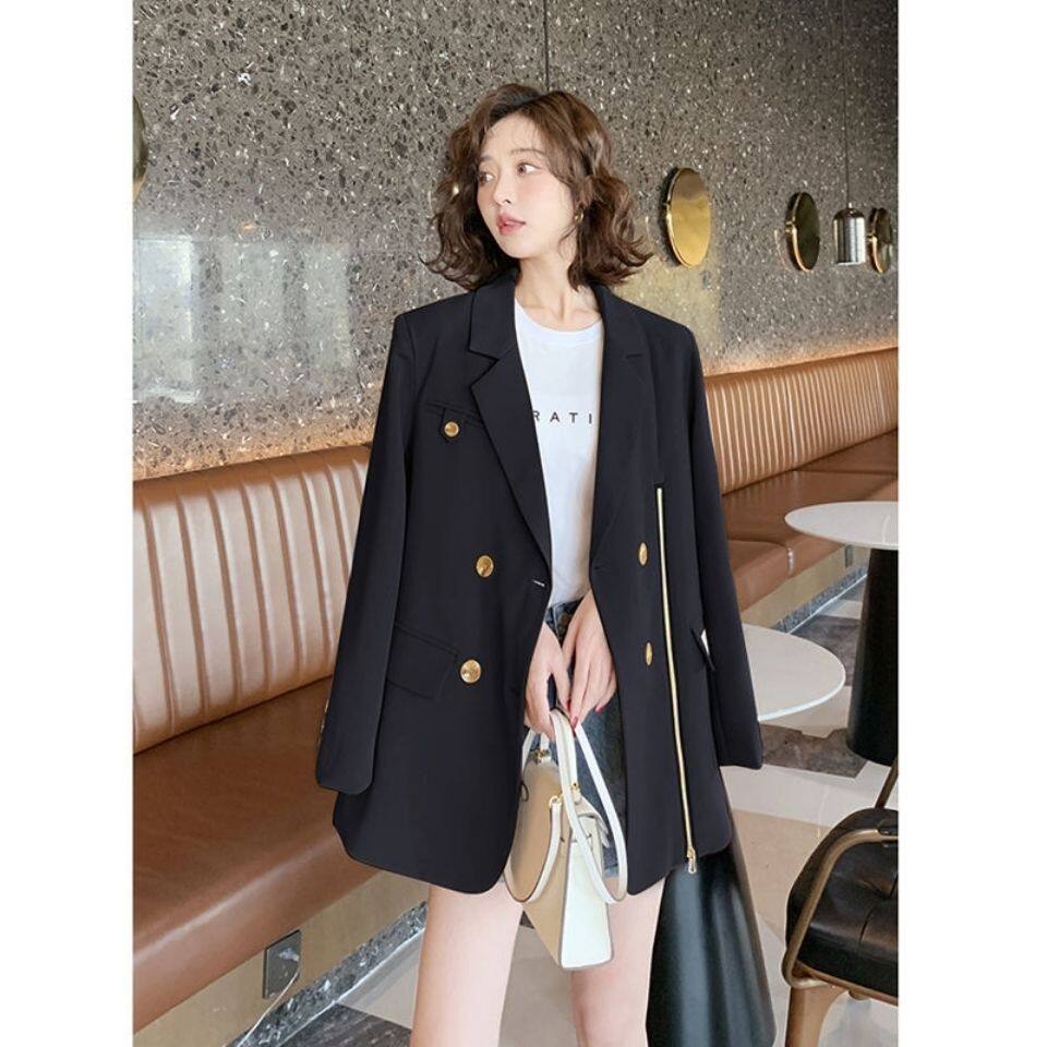 Solid Color Double Breasted Blazer Cropped Loose Suit Zipper Ladies Casual Blazer Outwear Coat