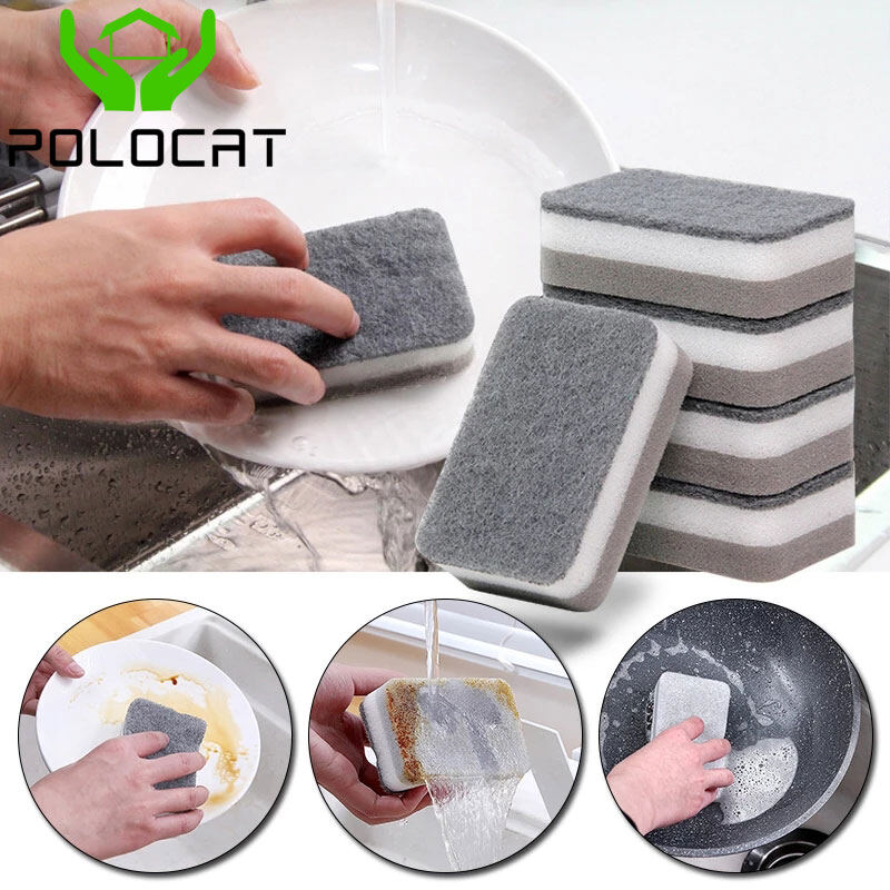 Polocat 5pc / set Double Side Sponge Scrub Pot Dishwashing Magic Mop Kitchen Household Cleaning Three Layer Sponge Scrubbing Pad#1