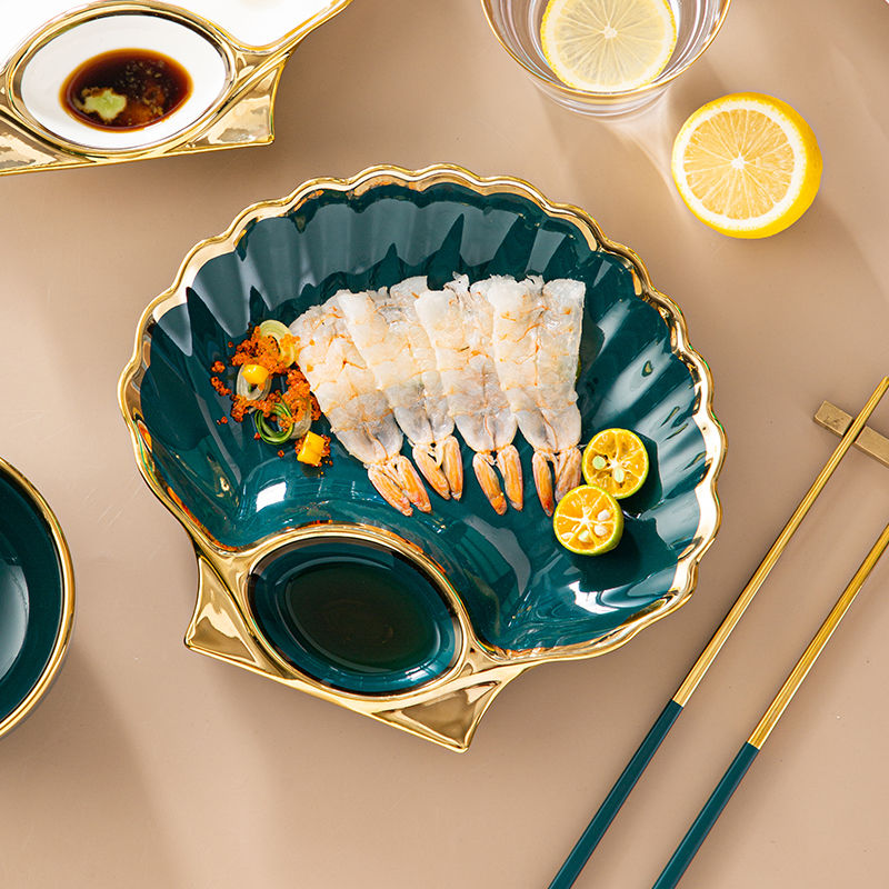 Ceramic Dumpling Plate with Vinegar Dish Household Fruit Plate Personality Tableware Shell Dish Sushi Net Sweet Potato Chip Plate and Bowl Creative Dinnerware