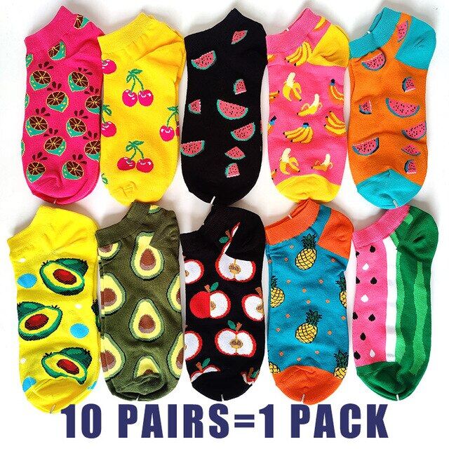 12 Pairs/Pack Men Ankle Socks Cotton Avocado Banana Fruit Graffiti Plaid Stripe Summer Casual Fashion Soft Funny Short Boat Sock