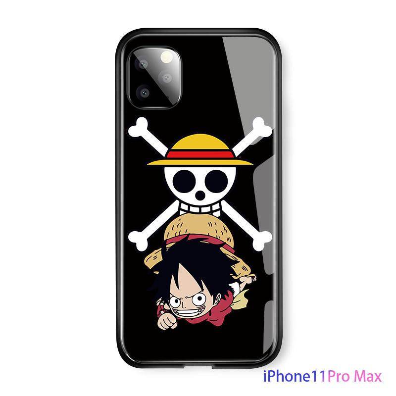 UCUC Phone Casing For Apple iPhone 5S 5SE 6S 6 Plus iPhone 7 8 Plus + Glass Case Fashion Soft Edge Anime Luffy Glossy Casing Tempered Glass Shockproof handphone Back Case Cover