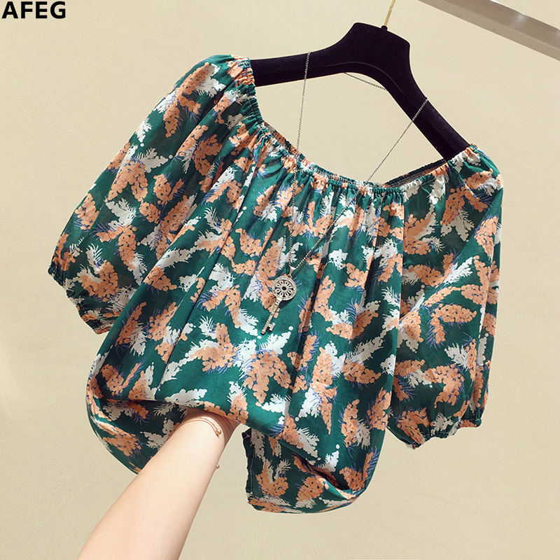 AFEG new Korean version of the word collar fashion casual all-match floral short-sleeved blouse for women