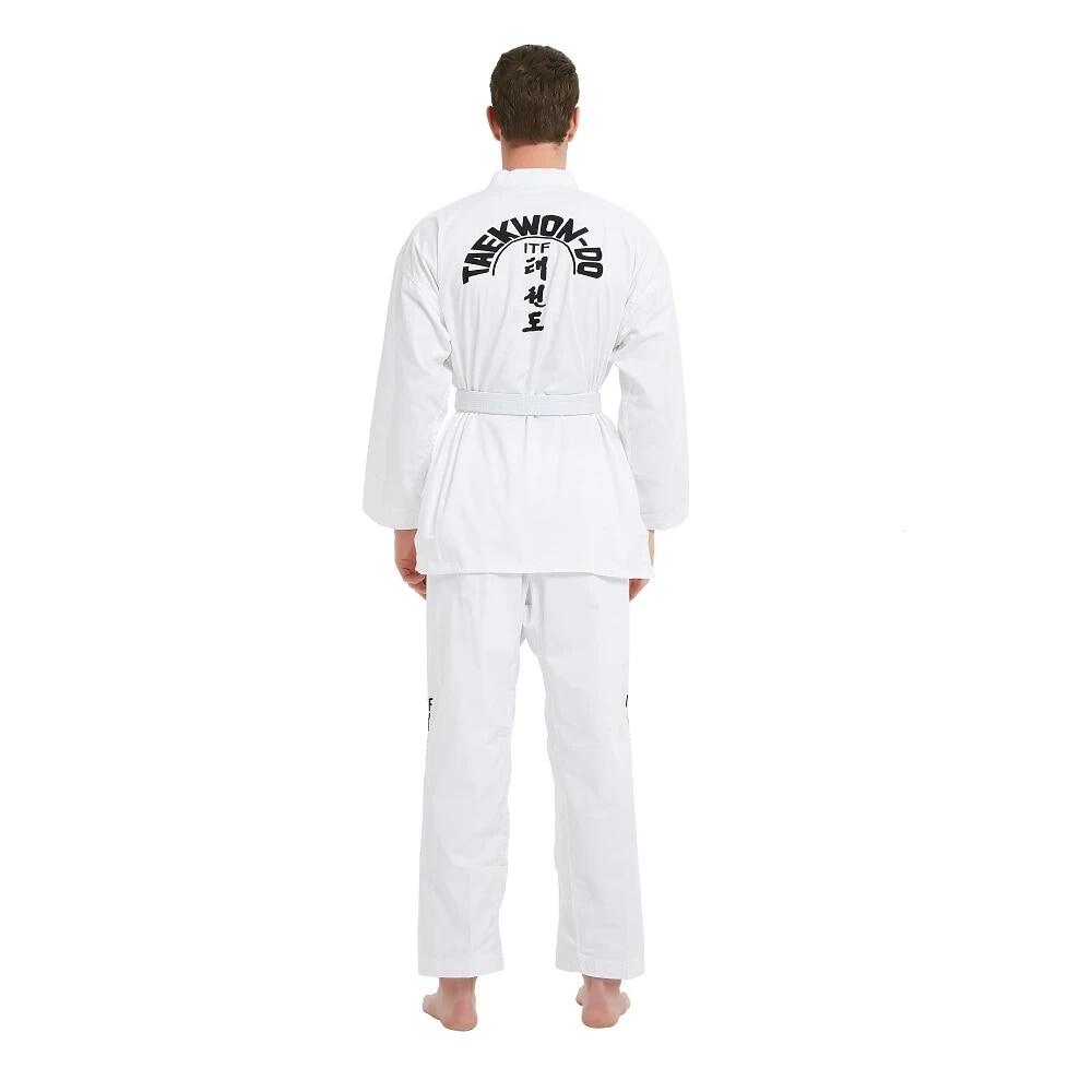 ITF Taekwondo Trọng lượng siêu nhẹ mới bắt đầu máy bay chiến đấu bộ đồng phục gi đào tạo dobok đồng phục hoa văn thêu