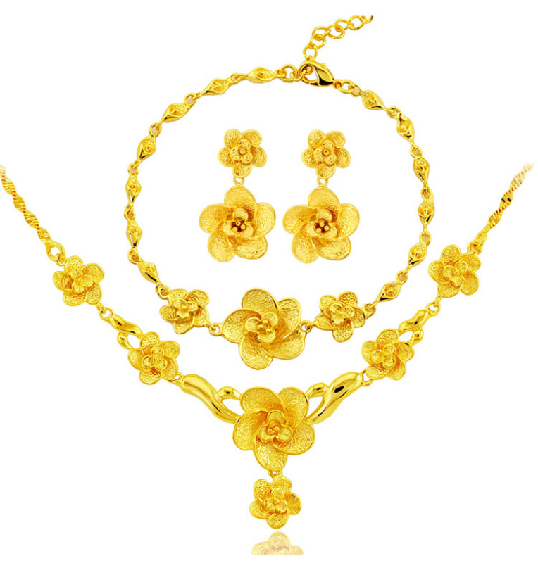 Bộ Trang Sức 24K Dubai Màu Vàng Đám Cưới Cho Phụ Nữ Vòng Cổ Bông Tai Vòng Tay Quà Tặng Cô Dâu Collares Bộ Trang Sức
