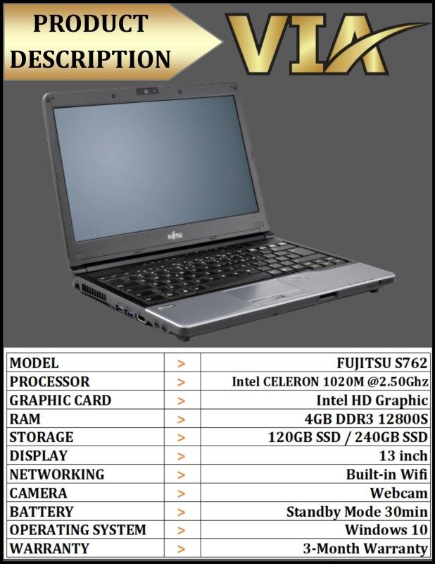 【STUDENT BOOK】FUJITSU LIFEBOOK S762/G~CELERON 1020M~4GB RAM~120GB / 240GB SSD~WEBCAM Malaysia