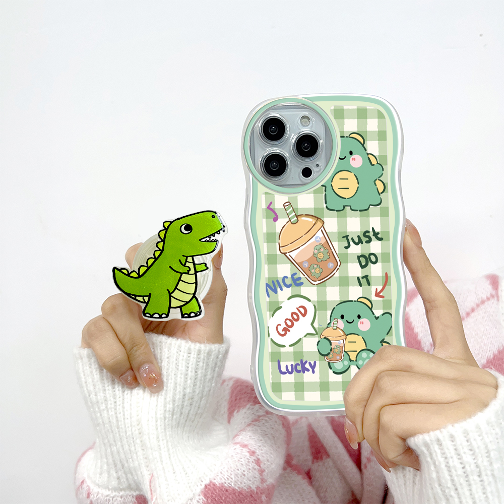 (With Free Holder) Jizetin Phone Casing For Xiaomi Redmi Note 10 Note 10S Note 10 Pro Note 10 5G Note 9 Note 8 Fashion Soft Wavy Phone Case Dinosaur Cartoon Shockproof Cellphone Casing Full Cover Camera Protection
