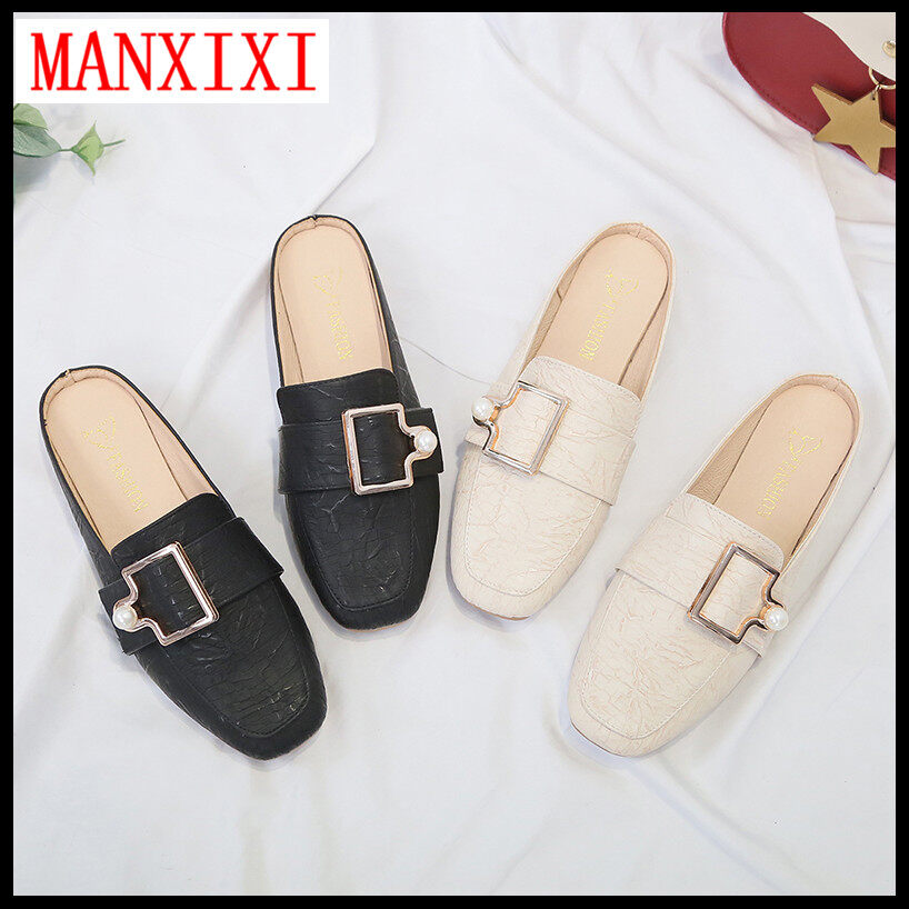 MANXIXI Brand Korean Version Slippers Fashion Beautiful All-match Buckle Pearl Shoes Flat Mules Sandals For Women (Size 35-39)