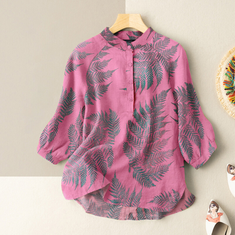 Esolo Zanzea Korean Style Women Casual Loose Evening Printed Ladies 3 4 Sleeves Blouse Tops