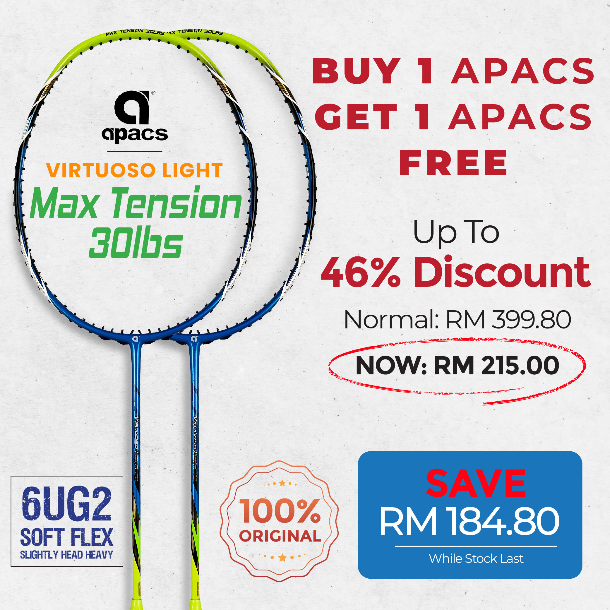 2x APACS Virtuoso Light (Blue) 6UG2 Badminton Racket 【Frame Only