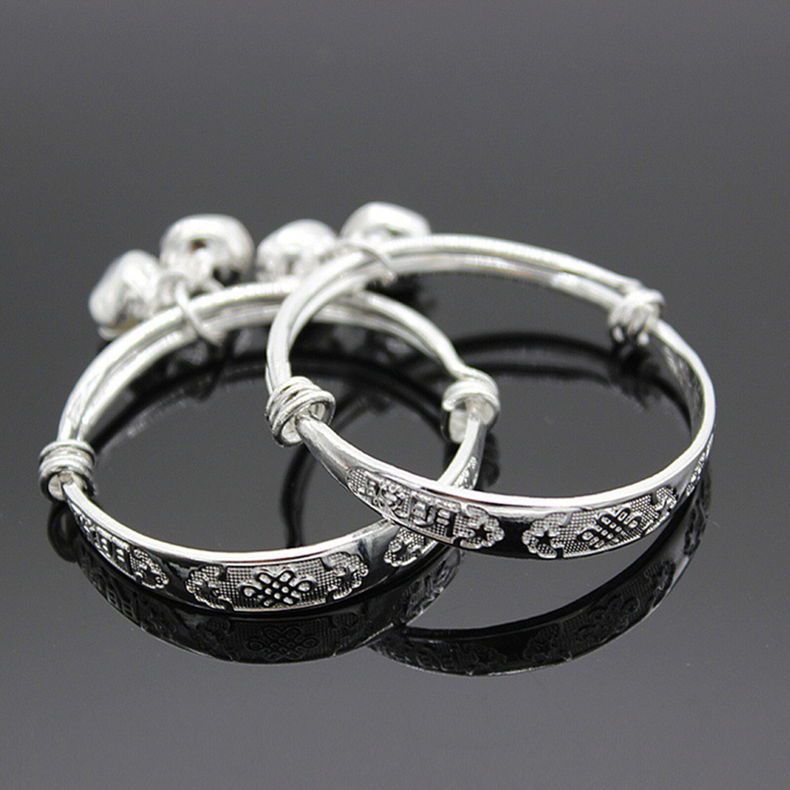 1Pairs Bracelet 925 silver plated Embossing Design Adjustable Jewelry Bell Pendant Baby Bangle for Toddler