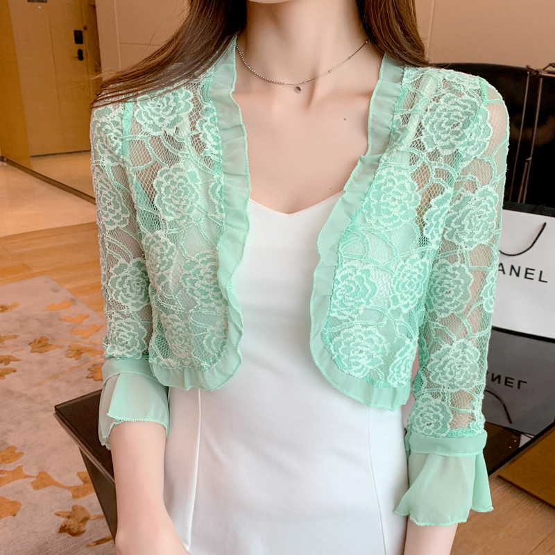 719★Áo Cardigan Nữ Áo Khoác Voan Ren Nhẹ Áo Khoác Ren Nhỏ Cho Nữ Áo Choàng Ngắn Thanh Lịch Áo Choàng