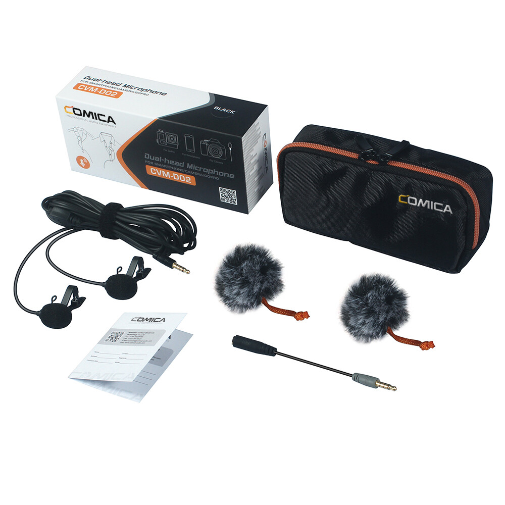 Comica CVM-D02B Dual-head Wired Lapel Microphone Lavalier Condenser Microphone Omnidirectional Double Lav Mic for Phone Camera Gopro(3.5mm TRS)