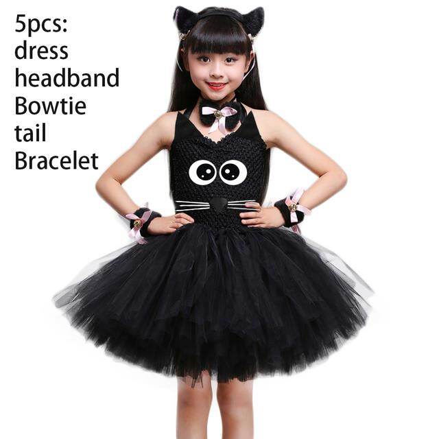 Kitty Tutu Dress Outfit For Kids Black Cat Animal Halloween Costumes Toddler Baby Girl Fancy Performance Birthday Party Dress
