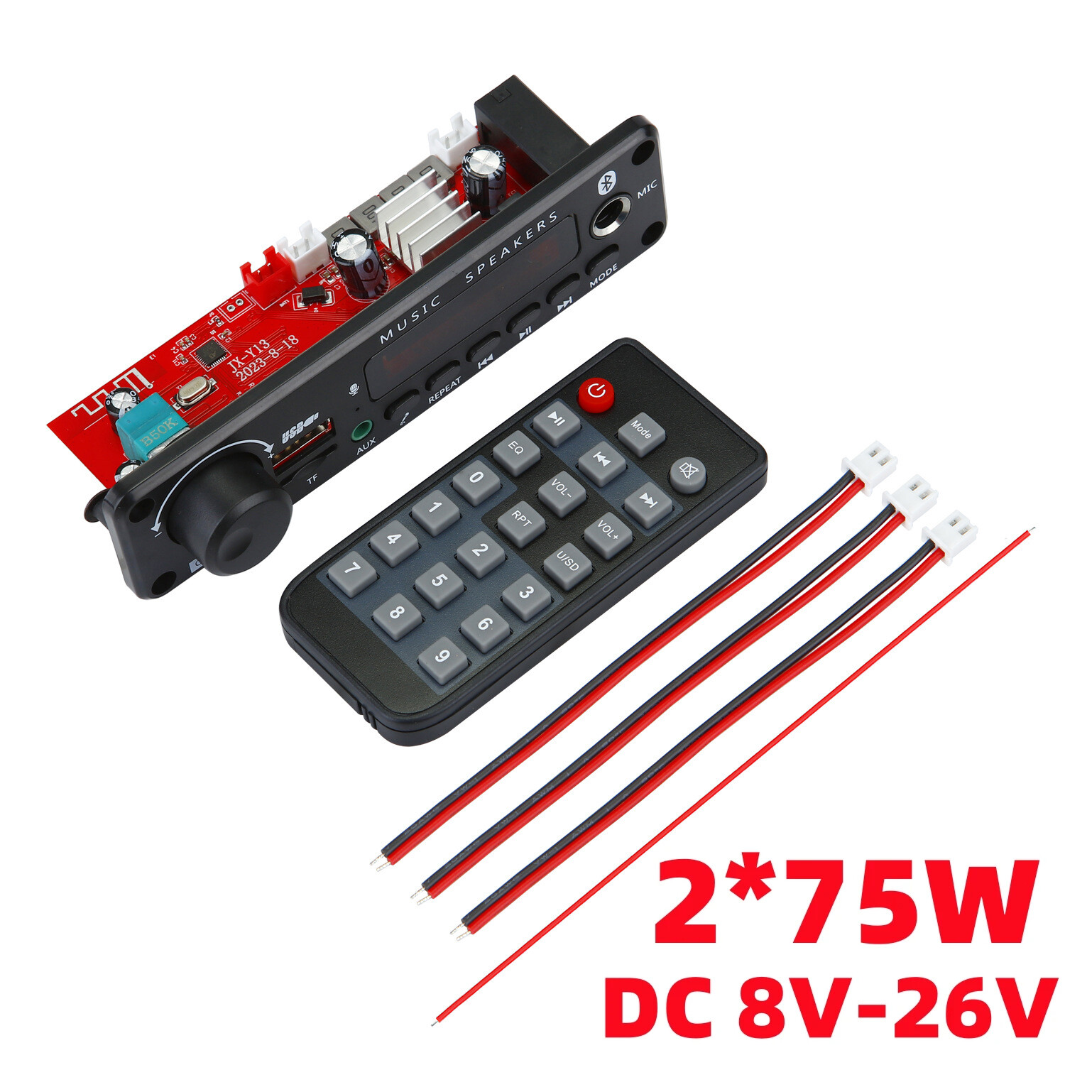 2*75w amplifier bluetooth decoder board 8v-26v 6.5mm microphone fm radio tf usb car mp3 player speakers volume control