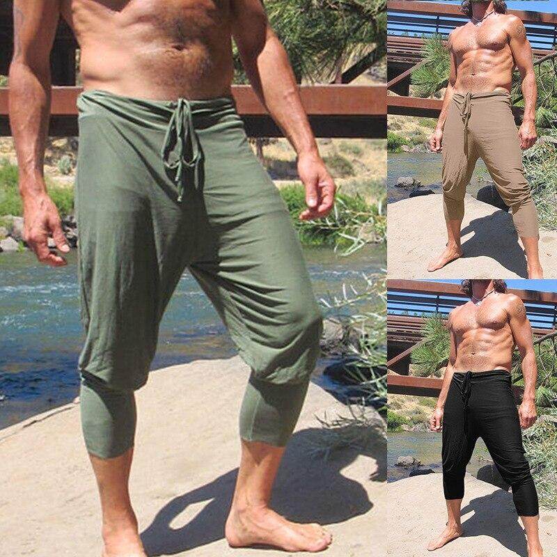 Adult Men Medieval Renaissance Lounge Loose Pants Viking Black Brown Jogger Bandage Trouser Pirate Horseman Costume on